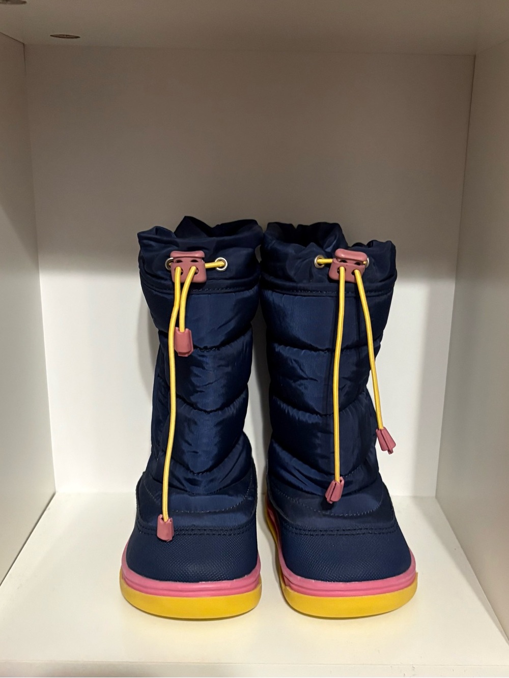 Ten Little Kids Navy Snow Boots with Pink Trim and Yellow Drawcords